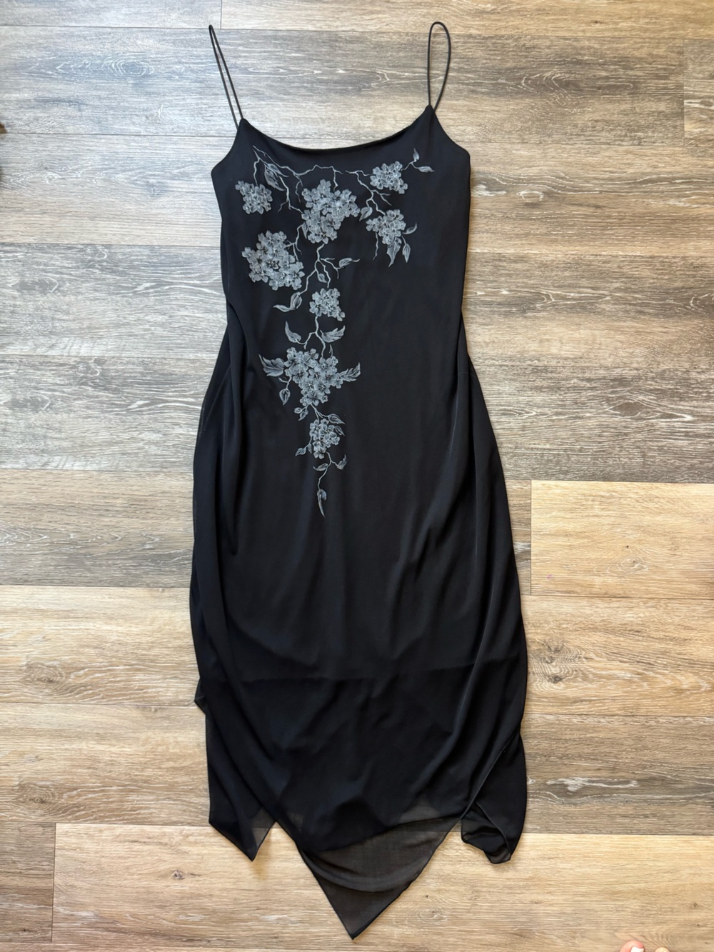 I.N. San Francisco Black Slip Dress with Gray Floral Embroidery Sz L
